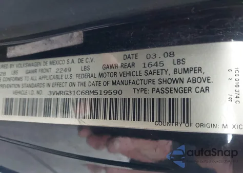 2008 Volkswagen New Beetle S/Se from USA, damaged, VIN 3VWRG31C68M519590